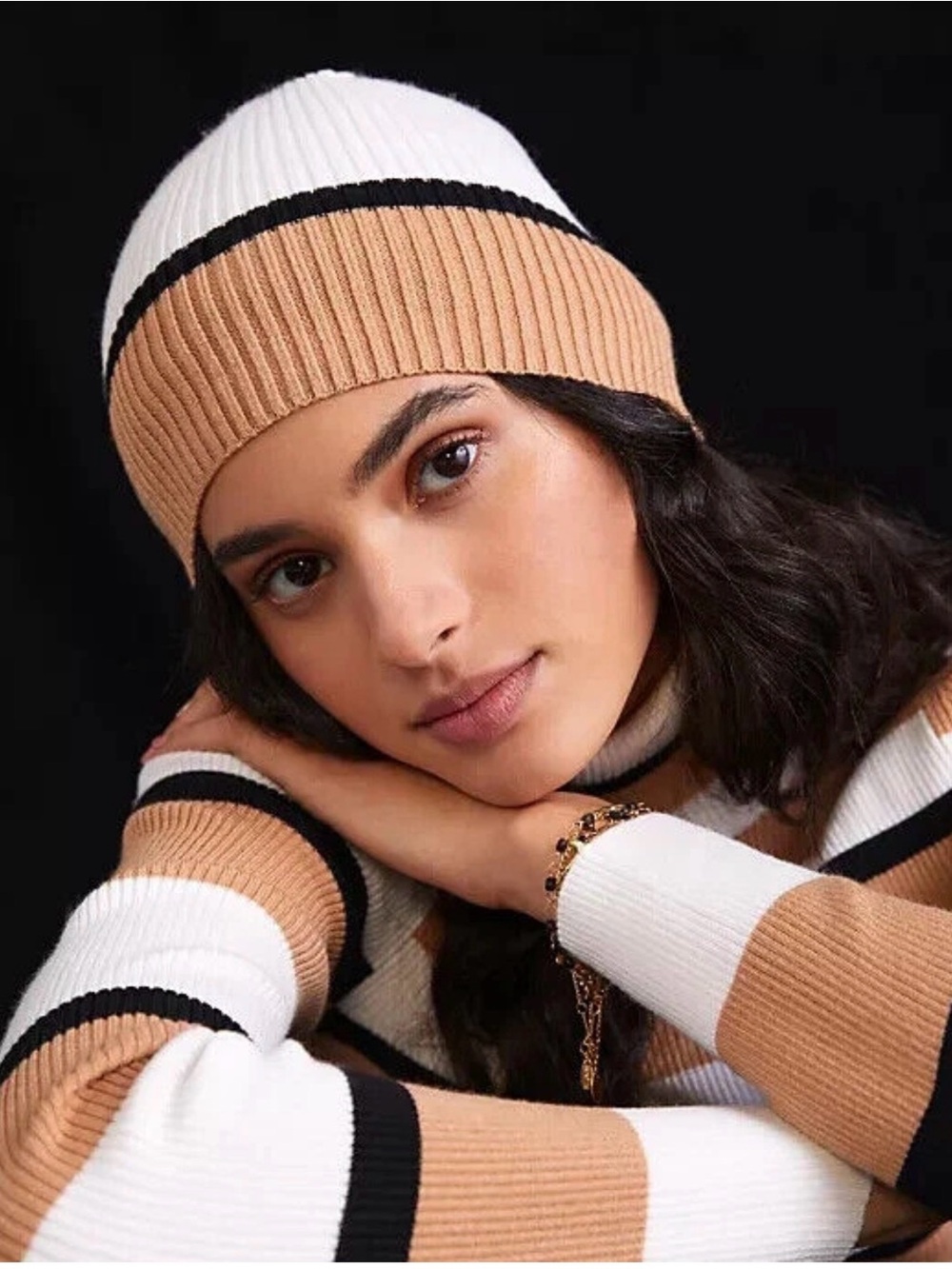 Anthropologie Colorblock Stripe Knit Beanie Hat Cap Brown Cream Tan Striped NWT